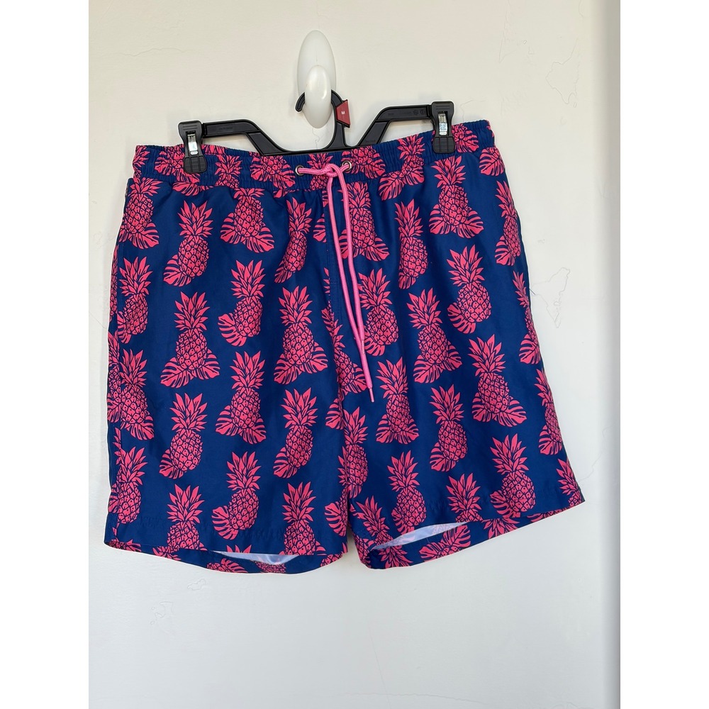 Club Room Mens Navy Blue Pink Pineapple Print Swim Trunks Mesh Lined Size Medium